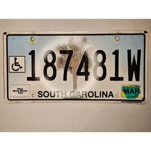 Collectable real metal license plate South Carolina "187481W" Handicap Palm Tree